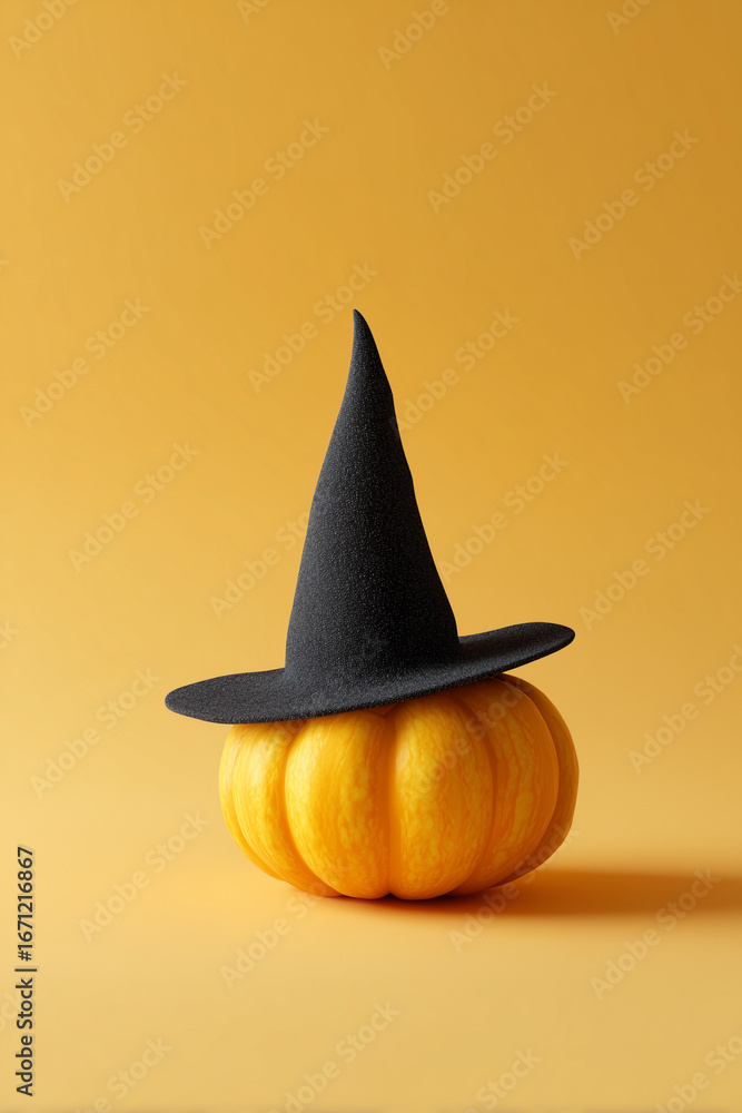 Fototapeta premium A Pumpkin and Witches Hat on Light Yellow Background, Halloween Theme
