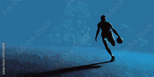 A basketball player skillfully dribbles a ball on an urban court as twilight descends, casting dynamic shadows and emphasizing movement against a striking blue backdrop.