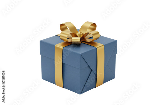 Isolated gift in navy blue wrapping with gold ribbon, festive box with bow for Christmas