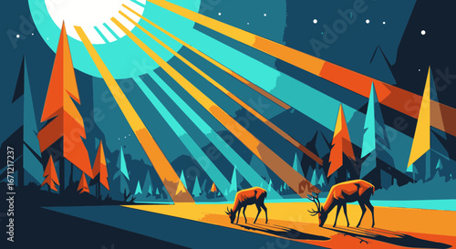 Two deer graze peacefully in a stylized forest as dramatic sunbeams shine through the trees.