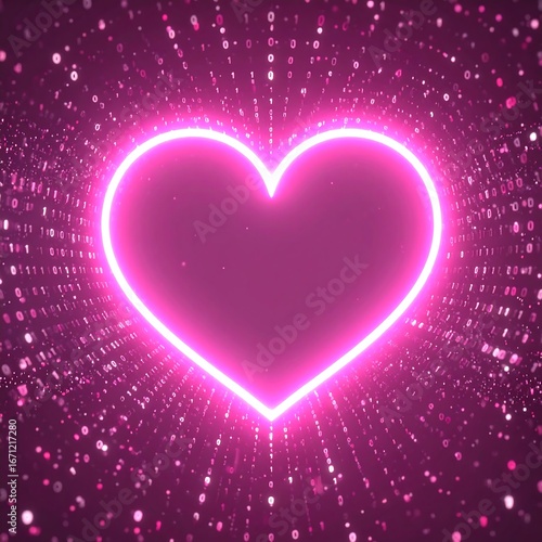 Glowing neon heart surrounded by radiating pink particles