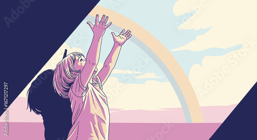 Illustration of a young person with arms raised in hope towards a bright sky with a beautiful rainbow, emerging from darkness.