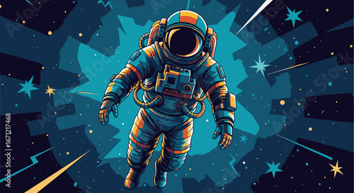 Stylized illustration of an astronaut in a spacesuit floating in deep space surrounded by stars and light streaks.
