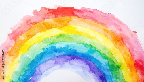 Vibrant watercolor rainbow arc painted on white background