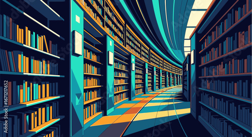 A stylized illustration of a vast, curved library aisle with towering bookshelves filled with books, depicted in a modern, graphic art style.
