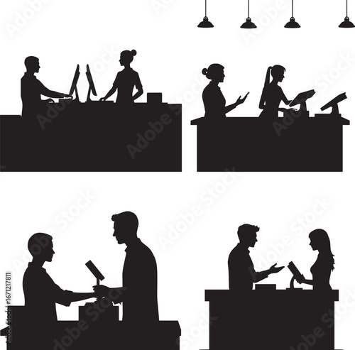 Customer service and cashier silhouette vector set – shop interaction illustrations