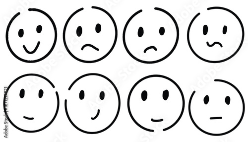 Set of different smiley face showing various emotions isolated on white background. Abstract round comic faces. Emotions set. Crayon drawing black color sad or happy line icon emoji faces characters
