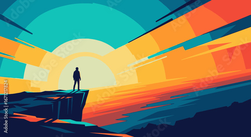 A lone figure stands on a cliff's edge, watching a vibrant, stylized sunrise over a vast landscape.