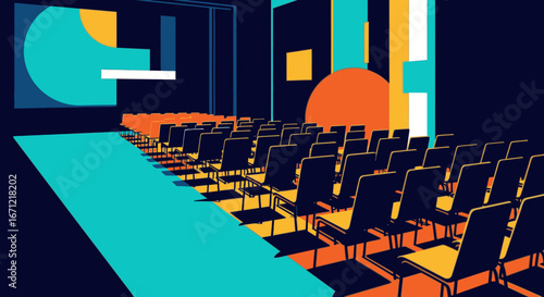 A vibrant, modern graphic illustration of an empty conference hall with a stage, screen, and rows of chairs.