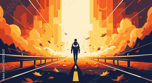 A lone figure walks down an empty highway towards a glowing city skyline during a vibrant autumn sunset.