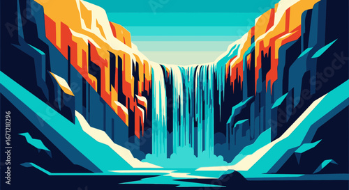 A vibrant, stylized illustration of a majestic waterfall cascading through a sunlit canyon.