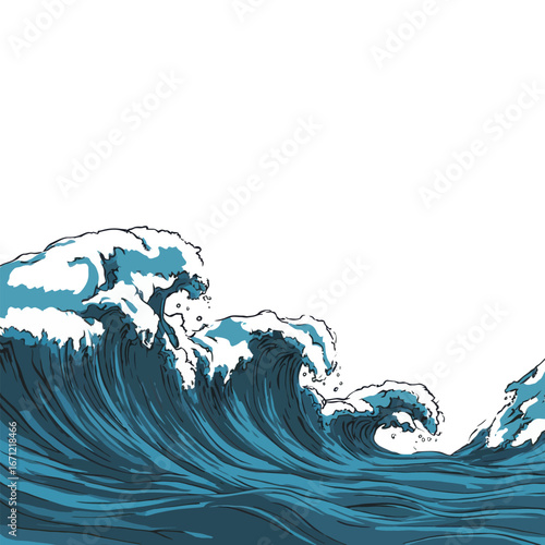Powerful ocean waves surge toward the beach, creating dramatic splashes of white foam. The deep blue water contrasts with the untouched, cloudless sky above, showcasing natures beauty.