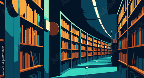 Stylized illustration of a long, curved library aisle with towering bookshelves and dramatic lighting.