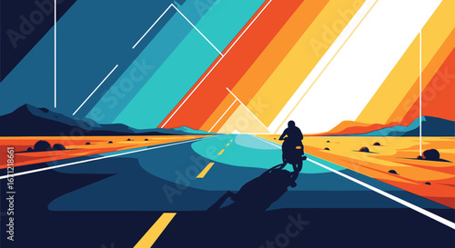 A lone motorcyclist rides down a desert highway towards a vibrant, striped sunrise in a minimalist graphic illustration style.