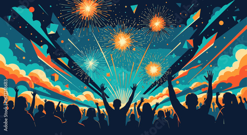 Vibrant illustration of a joyful crowd watching a spectacular fireworks display at night.