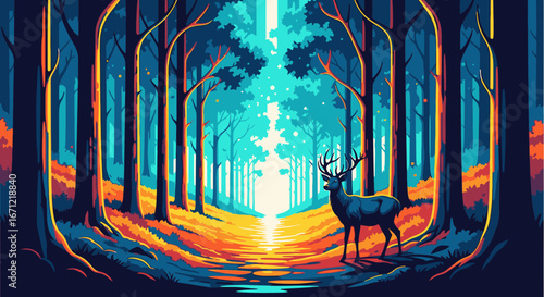 A majestic stag stands in a vibrant, enchanted forest as a glowing path leads towards a bright, ethereal light.