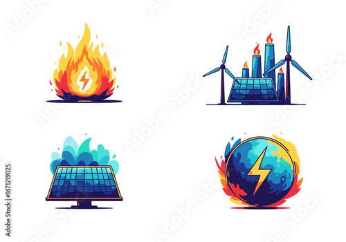 A collection of four stylized icons representing different energy sources: fire, industrial power plant with wind turbines, solar panel, and global energy.