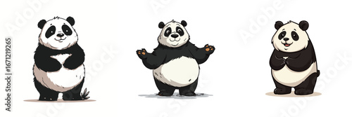 Three cartoon pandas are depicted in various poses, showcasing playful and cheerful expressions. The colorful design emphasizes their round bodies and distinct black and white fur.