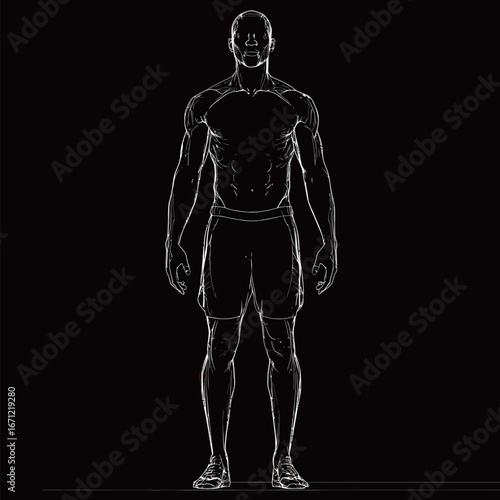A muscular man stands upright with a confident posture against a solid black background. He is depicted in athletic shorts and shoes, showcasing a well-defined physique.