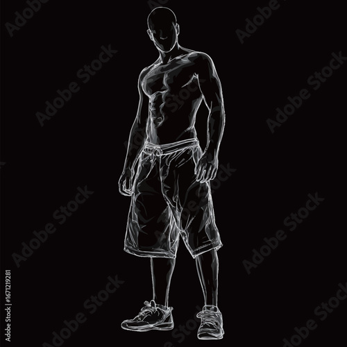 A muscular man stands confidently with his arms relaxed at his sides. He exudes a sense of strength and athleticism. The dark background emphasizes his well-defined physique, highlighting his fitness.