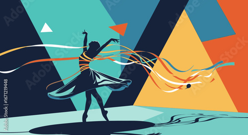 Silhouette of a graceful ballet dancer with flowing ribbons against a colorful abstract geometric background.