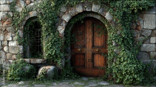 Wallpaper Mural Aged stone building facade with arched doorway and climbing ivy. Torontodigital.ca
