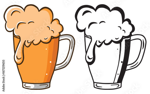 Lager beer mugs and tankards set. Oktoberfest beer festival logo. Glass or ceramic mugs filled of golden light beer with overflowing froth heads for brewery emblem or beer party design. Beer bubbles