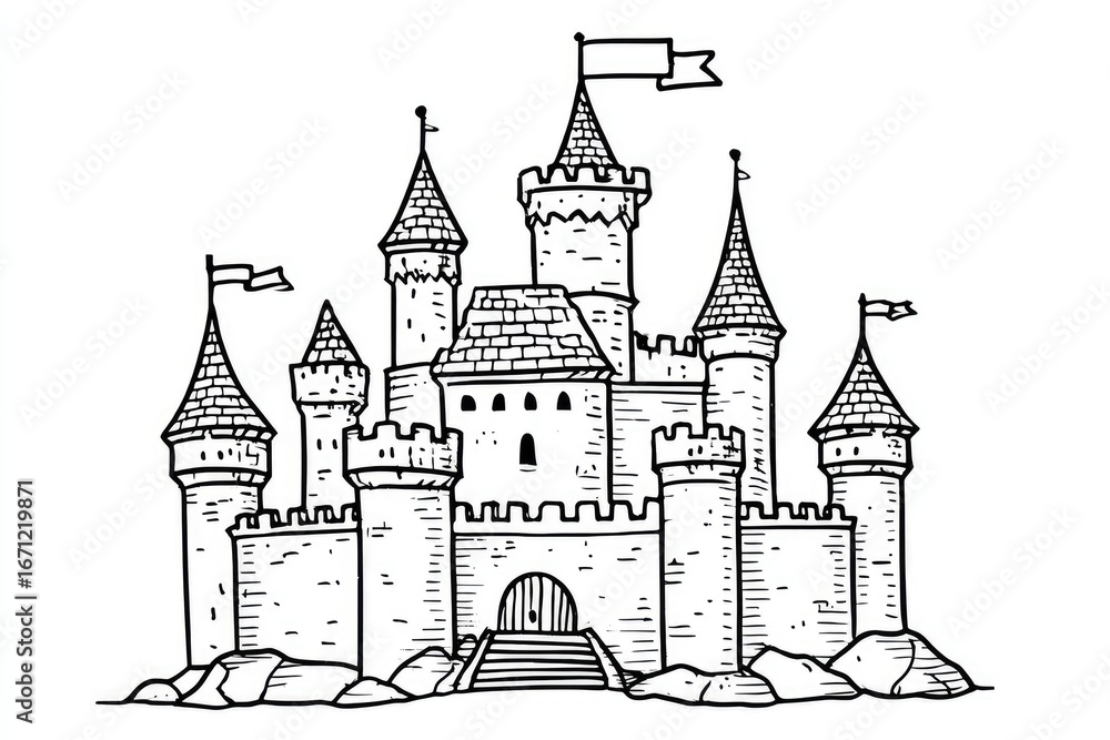 Fototapeta premium Black and white sketch of a fairytale castle