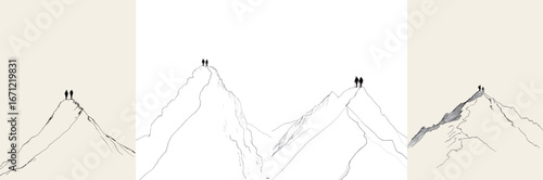 Three climbers stand triumphantly atop different mountain peaks, showcasing their adventurous spirit and determination against a minimalist backdrop.