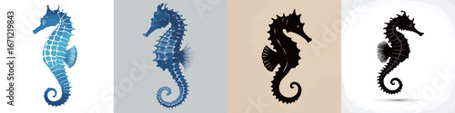 Four distinct seahorse illustrations display varying styles and color schemes. Each design highlights the unique shape and features of seahorses, appealing to marine life enthusiasts and artists.