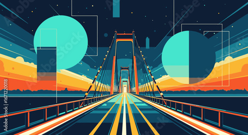 A vibrant, graphic illustration of a modern suspension bridge at sunset with abstract geometric shapes.