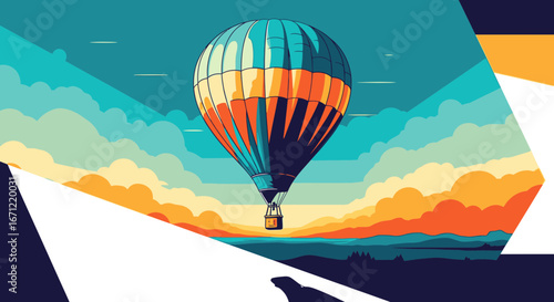 A colorful hot air balloon soars through a stylized sunset sky in a modern graphic illustration.