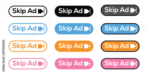 Skip Ad Button Icon Set – Online Video Player Advertisement Skip Symbols for Web, UI, and App Design Vector.