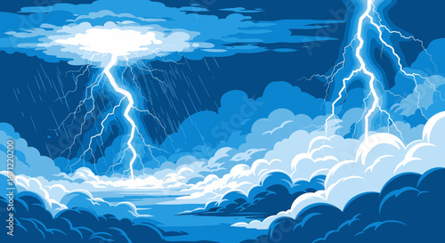 A dramatic blue and white illustration of a powerful thunderstorm with lightning striking from dark, turbulent clouds.
