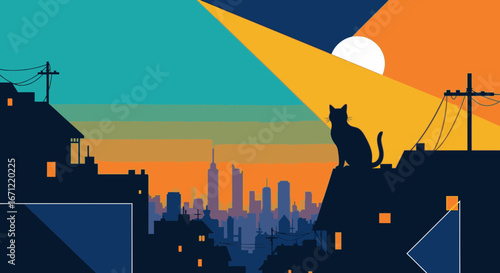 A silhouetted cat sits on a rooftop overlooking a modern city skyline at dusk or dawn in a graphic art style.