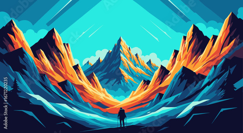 A lone adventurer stands before a majestic, stylized mountain range with vibrant, contrasting orange and blue colors.