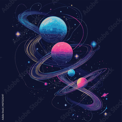 Abstract cosmic space vector illustration with planets stars and orbital lines in digital minimalist wireframe style on dark background, vector style simple color
