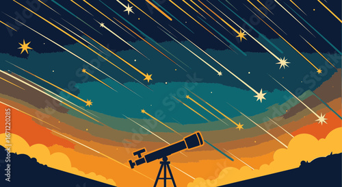 A telescope silhouetted against a vibrant, stylized night sky during a spectacular meteor shower.