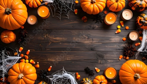 Spooky autumn holiday flat lay featuring pumpkins, candy, and candles creating a festive frame on a dark wood surface