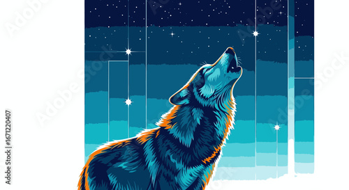 A majestic wolf howling at the starry night sky in a modern, graphic illustration style.