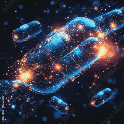Abstract digital 3D capsules with connected network spheres and glowing constellation stars in dark space background for medicine technology and pharmaceutical innovation concept