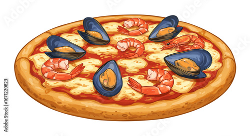 Delicious Seafood Pizza Topped with Shrimp and Mussels Isolated on Transparent Background for Culinary Projects
