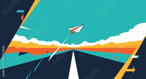 A paper airplane soars into a vibrant, colorful sky over a long road, symbolizing a journey of ambition, freedom, and new beginnings.