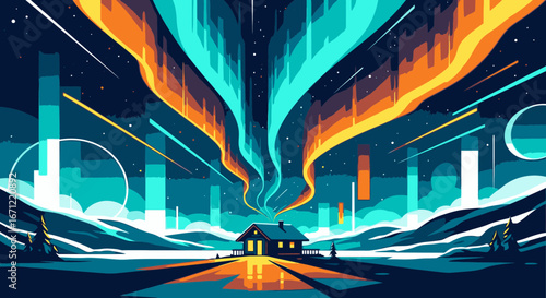 A lone cabin under a spectacular digital aurora borealis in a futuristic winter landscape.