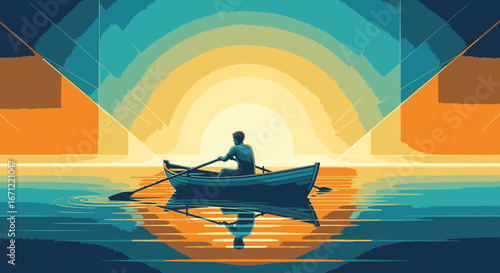 A lone person in a rowboat on calm water, silhouetted against a vibrant, geometric sunrise or sunset.