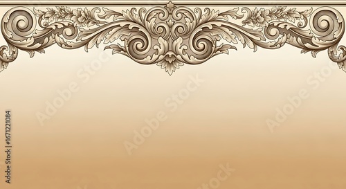 Ornate vintage decorative design with floral scrolls and flourishes on a beige background.