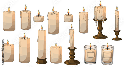 Collection of elegant glowing candles in various sizes and shapes providing warm ambiance isolated on transparent background