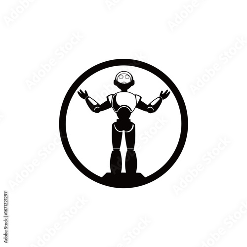 A sleek, stylized robot stands with arms raised within a bold circular design, representing advancements in robotics and artificial intelligence. The design captures a sense of wonder and exploration.