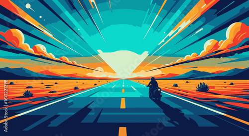 A lone motorcyclist rides down an endless desert highway towards a vibrant sunrise, depicted in a dynamic, graphic art style.