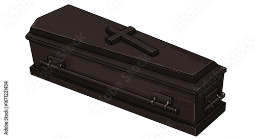 Elegant Dark Wooden Coffin Casket With Cross Symbol Isolated On Transparent Background